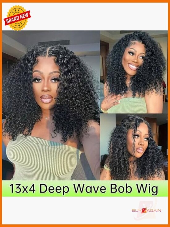 16 Inch Bob Wig Human Hair 200% Density Deep Wave Lace Front Wig for Women Pre